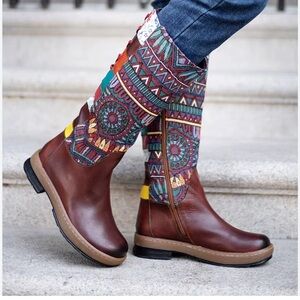 Socofy Boho Leather and Embroidered Canvas Knee High Boots Size 9